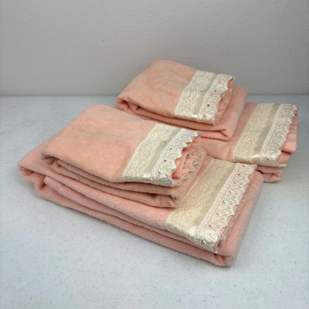 VTG After Bath Luxury J‎ AboucharPeach Towel Set 4pc Lace Trim USA 2 Bath 2 Hand